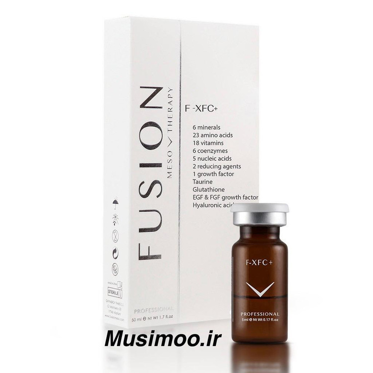 نمای نزدیک ویال و جعبه از کوکتل ضد پیری F-XFC+ ساخت اسپانیا اصل